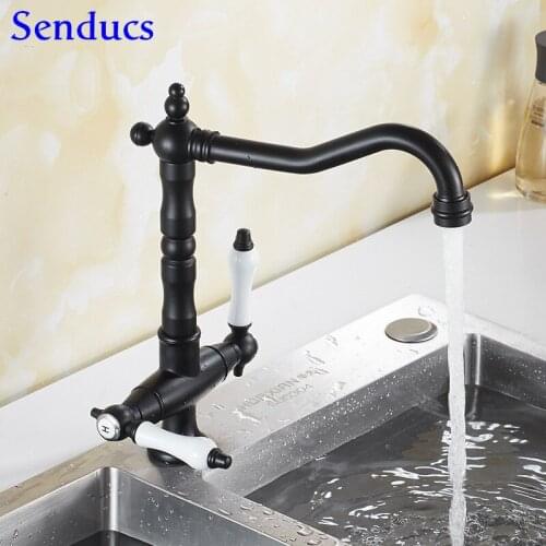 Senducs Black Kitchen Mixer Tap Dual Handle Kitchen Sink Faucet Quality Brass Kitchen Faucet Black Bronze Bathroom Basin Faucet