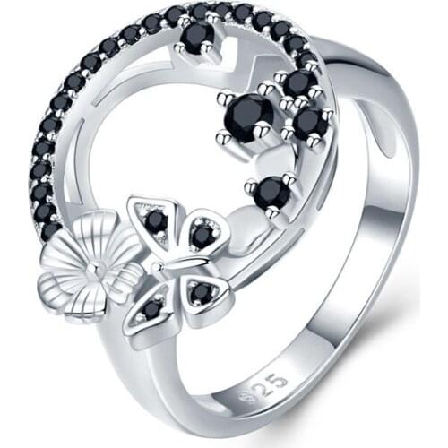 UFOORO sterling silver wedding ring Finger Beautiful Jewelry Romantic shiny BLACK zircon Ring For girl gift G027