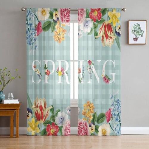 Spring Flower Plaid Background Sheer Tulle Window Curtains For Living Room Bedroom Kitchen Veiling Curtain Home Decoration