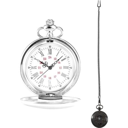 Vintage Steampunk Black Roman Numerals Necklace Quartz Pendant Pocket Watch Gift With Pocket Watch, Metal Strap,Silver