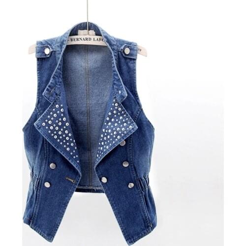 Vintage Blue Denim Vest Women Casual Slim Sleeveless Jacket Rivets Denim Vest Plus Size locomotive Short Waistcoats Tide G247