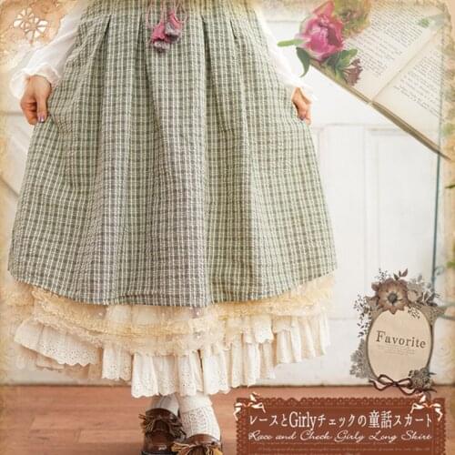 Harajuku Mori Girl Double Half Skirt Women Clothing Japanese Sweet Vintage Plaid Lace Bottom Female Kawaii Mid-Calf Skirts A214