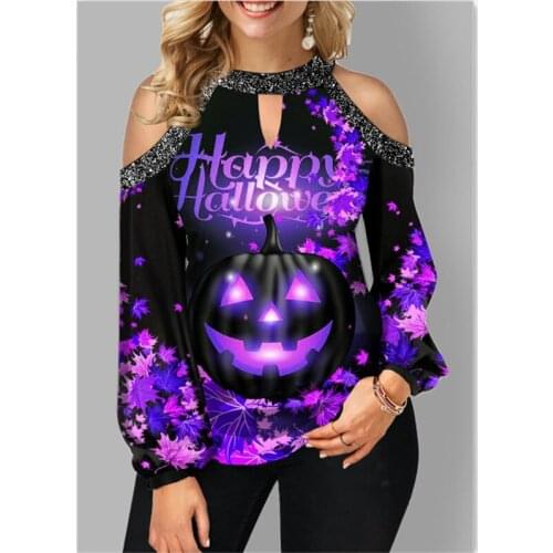 Halloween T Shirt Women O Neck Pumpkin Print Patchwork T Shirt Sexy Off Shoulder Top Long Sleeve Oversized T Shirt Ropa Mujer