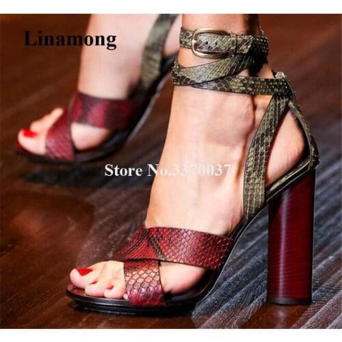 Brand Design Women Fashion Open Toe Snake Leather Chunky Heel Gladiator Sandals Ankle Strap Cross High Heel Sandals Dress Heels