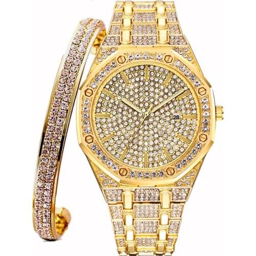 Iced Out Watch + Bangle for Women Charm Bracelet Iced Out Watch for Women Fashion Luxury Sliver Watch Set Jewelry Reloj Mujer