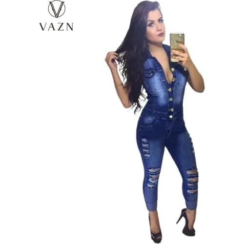 VAZN 2021 INS Solid High-end Plus Size Denim Jumpsuits Hole Top Daily Yong Tank Sleeve High Waist Women Pencil Jumpsuits