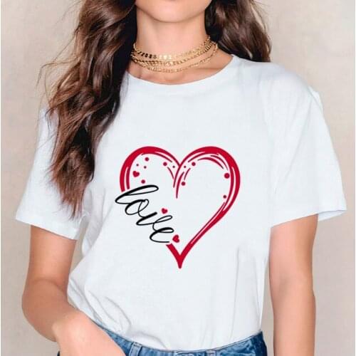 Seeyoushy Woman Tshirts Love Heart Print Valentines Day Graphic T Shirts Streetwear Ladies Tops for Teens Cotton Femme Plus Size