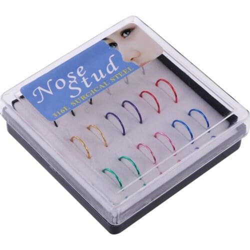 18pcs Mixed Color 316L Stainless Steel Nose Studs Hoops Piercing Rings