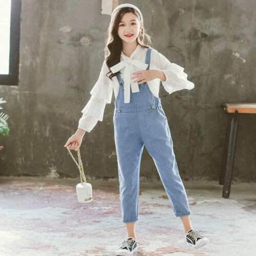 2021 Girls Sets Children White Bowtie Shirts Denim Pants 2 Pcs Suits Boutique Kids Clothing Set 4 6 8 10 12 14 Years Girl Outfit