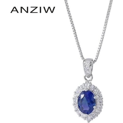 ANZIW Sterling Silver Oval Cut Lab Created Sapphire Vintage Classic Pendant Necklace for Women Jewelry Gifts