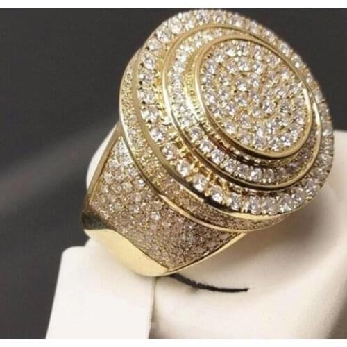 Large Round Puffed Marine Micro Paved CZ Ring Hip Hop Rock Full Bling Gold Color Cubic Zircon Wedding Rings for Women Men