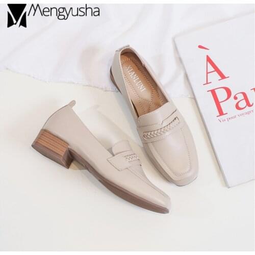 Braid band leather flats women wood chunky heel oxford shoes spring autumn single moccasins female brogues flat derby shoes