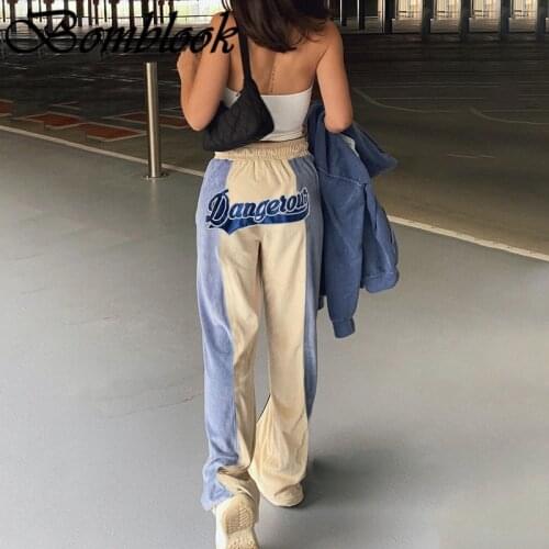 Bomblook Casual Fashion Pants Womens Autumn 2021 Letter Printed Patchwork Drawstring Straight Pants Female Streetwears