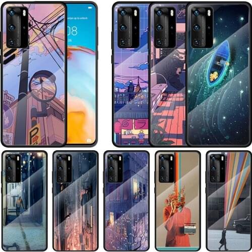 Tempered Glass Cover Aesthetic Style Painting Art For Huawei P40 P30 P20 P10 Pro Plus Lite 5G 2019 Phone Case