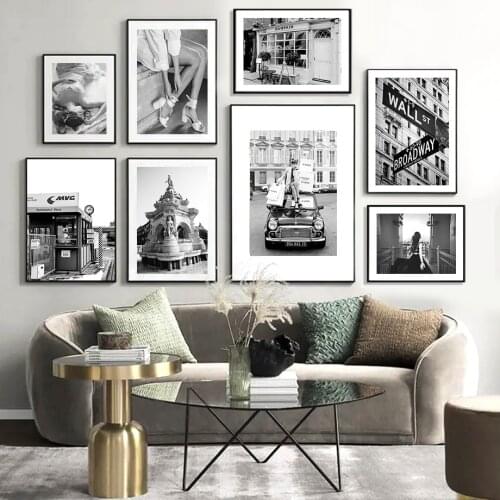 Black White Fashion Woman Car Street View Wall Art Canvas Painting Nordic Posters And Prints Wall Pictures For Living Room Decor