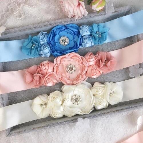 Elegant Wedding Dress Belt Handmade Satin Flower Sash Pearls Beaded Waistband Bridal Ribbon Bridal Accessories