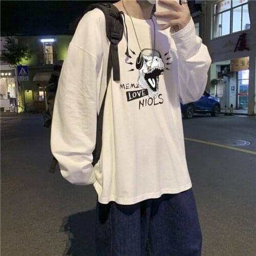O-neck T-shirt Mens Printed Dinosaur Long-sleeved Bottoming Shirt Thin Pullover Hiphop Sports Loose Spring Autumn Male Clothes