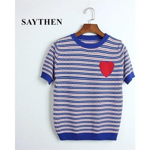 SAYTHEN Summer Lady Luxury Designer Brand Knitted Top Black Blue Color O Neck Hot Drilling Red Love Striped Knitted T Shirts