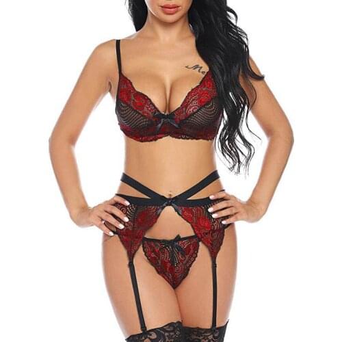 2021 Hot Sale Fashion Sexy Hollow Lace Ultra Thin Underwear Women Three-Piece Lingerie Plus Size Suit
