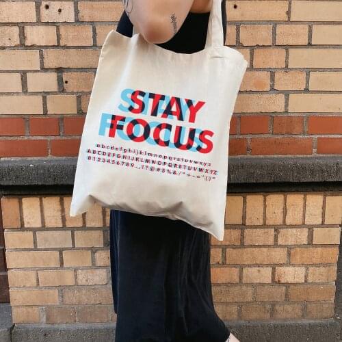 BLINGPAW Canvas Tote Bag Stay Focus Letter Print Funny 100% Cotton Reusable Shopping Bags Eco Bolsa