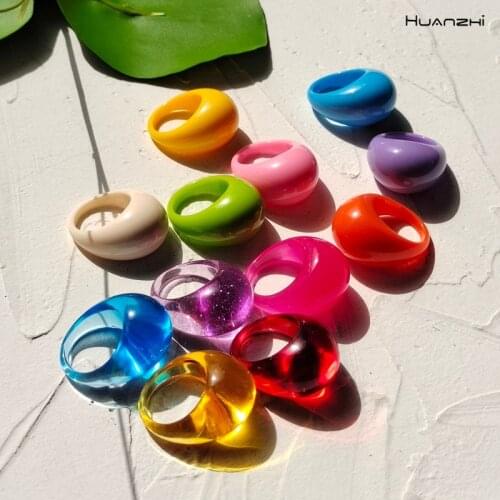 HUANZHI 2021 New Colorful Transparent Acrylic Resin Oval Rings Water Droplets Shape for Women Girls Travel Summer Jewelry