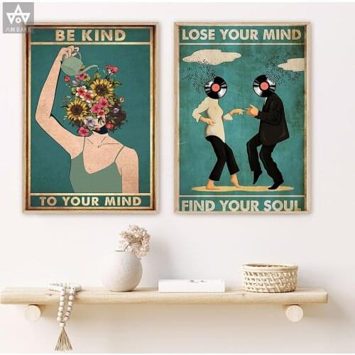 Mental Health Art Be Kind To Your Mind Quotes Wall Art Canvas Painting Prints Dancing Together Vintage Pictures Living Room Wall