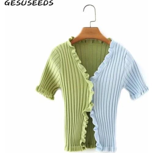 Kawaii t shirt women summer short sleeve shirts vintage ribbed tops ruffle red pink patchwork top korean v neck t shirt green
