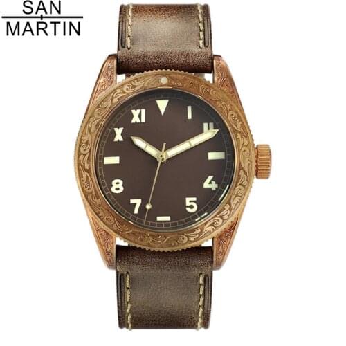 San Martin Retro automatic Carved Bronze Mens Watches 50ATM Sapphire Glass Unisex Mechanical Male Wrist watch for Men Relojes