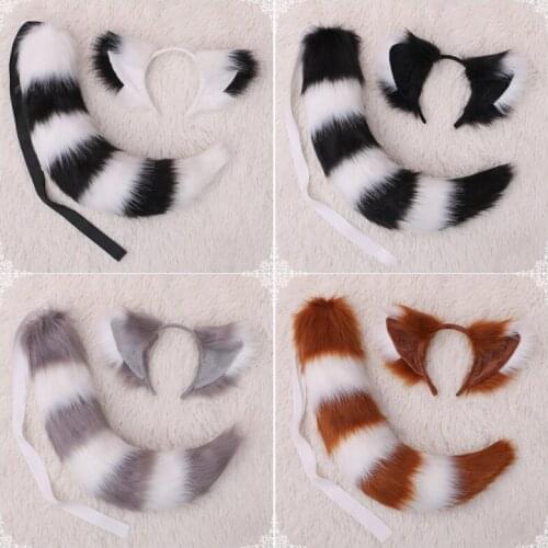 New Women Girls Cat Ears and Tail Plush Cute Soft Fox Wolf Ear Lolita Headband Anime Cosplay Costume Accessories Props
