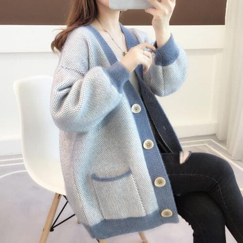 Women Autumn Winter Imitation Mink Cashmere Knitted Cardigan Korean New Loose Big Pocket Ladies Thick Knit Sweater Coats e118