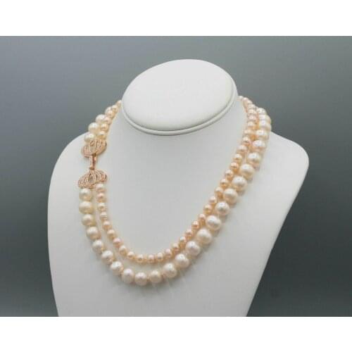 Hand knotted 6-7mm 8-9mm pink freshwater pearl necklace micro inlay zircon bow clasp 45-48cm fashion jewelry