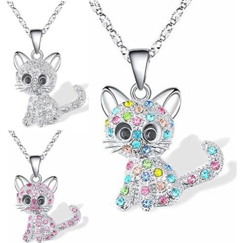 Cute Cat Pendant Necklace for Women Girls Children Fashion Colorful Crystal Cartoon Animal Necklaces Jewelry Gifts