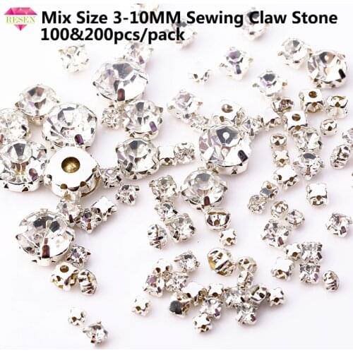 RESEN Low Price Mix Size 3-10mm Sliver Claw Sew On Rhinestones Glass Crystal Stone Sewing Accessories Rhinestones Wedding Dress