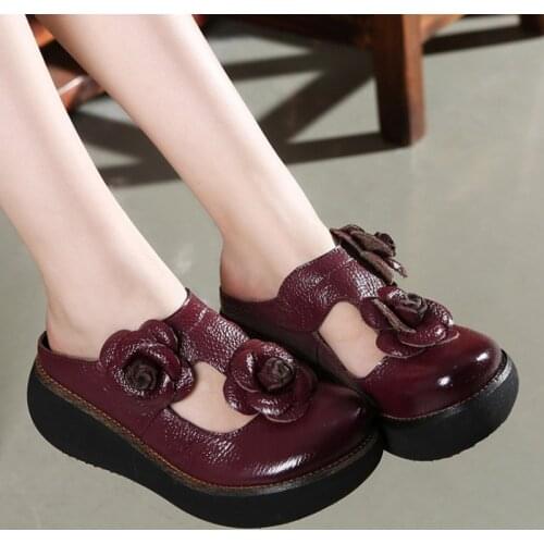 Summer Slippers Genuine Leather Shoes Handmade Flower Slides Flip Flops Platform Clogs for Women Wedge Slippers Zapatos De Mujer