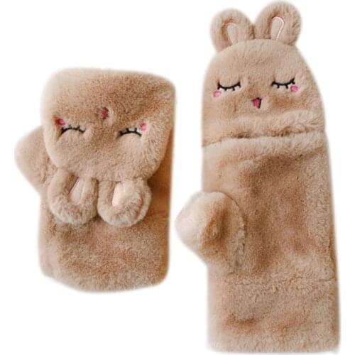 Women Men Winter Fluffy Plush Half Finger Gloves Cartoon Animal Embroidery Ears Convertible Flip Top Fingerless Mittens