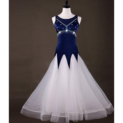 Customized Shinny Diamond Navy Blue Ballroom Dance Dress Women Professional Waltz Foxtrot Dresses Competition Dancing Dress