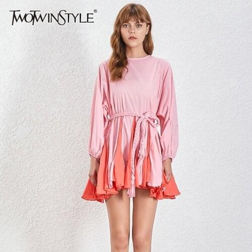 TWOTWINSTYLE Hit Color Print Dresses Women Long Sleeve O Neck High Waist Lace Up Female Dress Spring Casual Fashion 2020 Tide