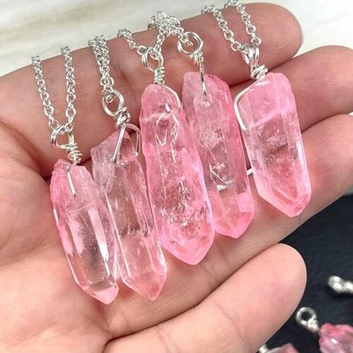 5pcs Healing Stone Pendulum Rock Irregular Crystal Necklace Link Chain Choker Chakra Point Natural Pink Quartz Pendant