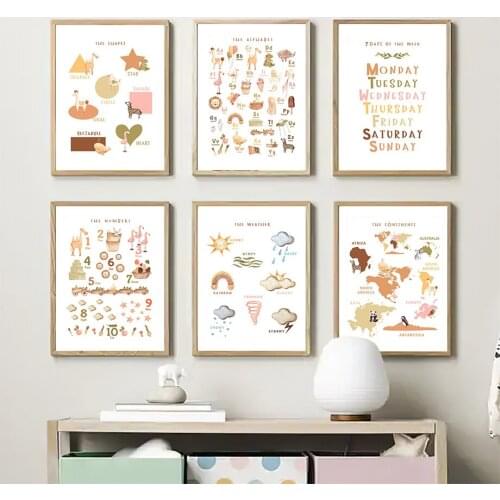 Kids Nursery Room Decor Posters Animals Abc Alphabet Number Cartoon Wall Art Canvas Painting Interior Pictures