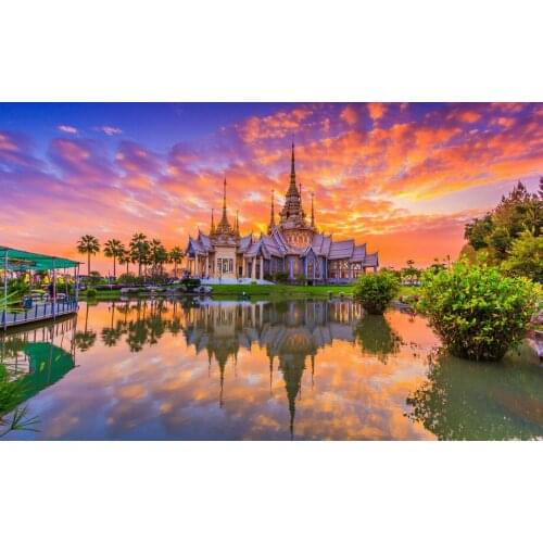 Indian temple religious sunset river tree background High quality Computer print scenic photo backdrop