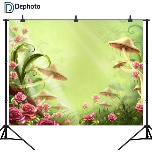 DePhoto Fairy Tale Forest Photography Backdrops Children Birthday Backgrounds Photo Studio Mushrooms Flowers Photo Background