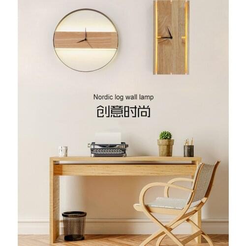 Nordic log creative round living room modern minimalist TV background stair hanging lamp wall clock with light clock wall lamp