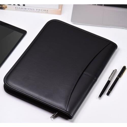Multifunctional Professional Business Portfolio Padfolio Folder Document Case A4 PU Leather Zippered Closure with Card Holder