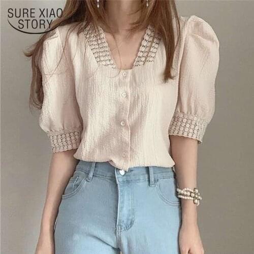 2021 Summer New V-neck Single-row Button-down Pleated Top Ins Super-hot Retro Bubble Sleeves Lace Lace Shirt Girl Retro 13659