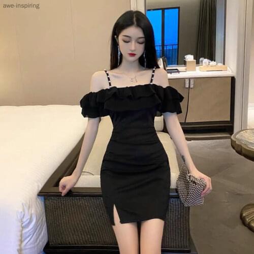 2021 Summer New Dress Sexy Niche Collection Waist Bag Hip Split Ruffle Sling One Word Strapless Waist Fashion Solid Color