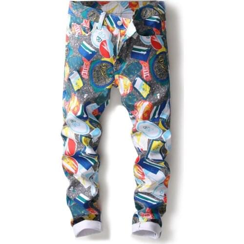New luxury Fashion brand stretch mens jeans Coloured printing jeans men casual slim fit trousers denim Painted jeans 5005