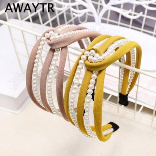 AWAYTR Korea Knot Pearl Headband for Women Girls Hairband Fashion New Hair Accessories Pearl Tiara Hair Loop Ladies Headband