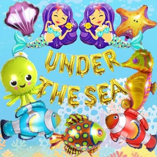 Under The Sea Animal Balloons Set Large Sea Creatures Purple Mermaid Foil Balloons Tropical Fish Mylar Balloons Self-Sealing
