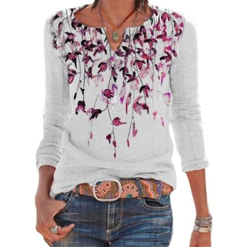 2021 Autumn Women Clothing Casual Loose Splice Loose Long Sleeve T-Shirts Ladies Fashion Floral Printed V-Neck Cotton Pullover