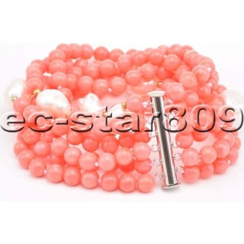 S2219 6Row 8" 4mm Pink round Coral White Baroque pearl Bracelet Magnet